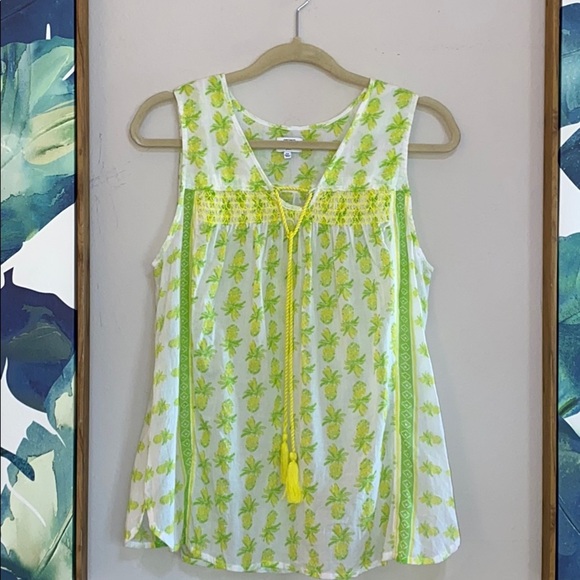 Crown & Ivy Green + Yellow Pineapple Sleeveless Tassel Top Petite XS XSP Small - Picture 3 of 3